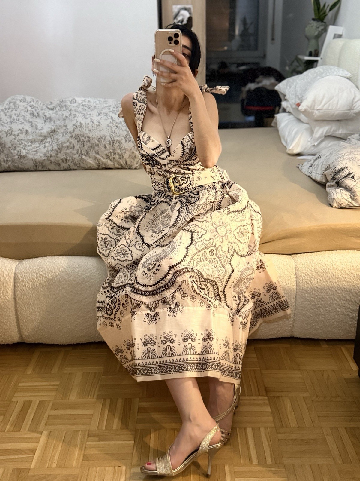 ZIMMERMANN Womens Midi Summer Dress S Beige/Black Paisley Sleeveless Belted