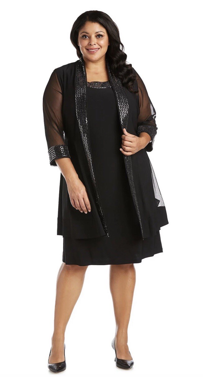 R&M Richards Women’s (Size 14) Chevron Metallic Jacket Dress Black/silver