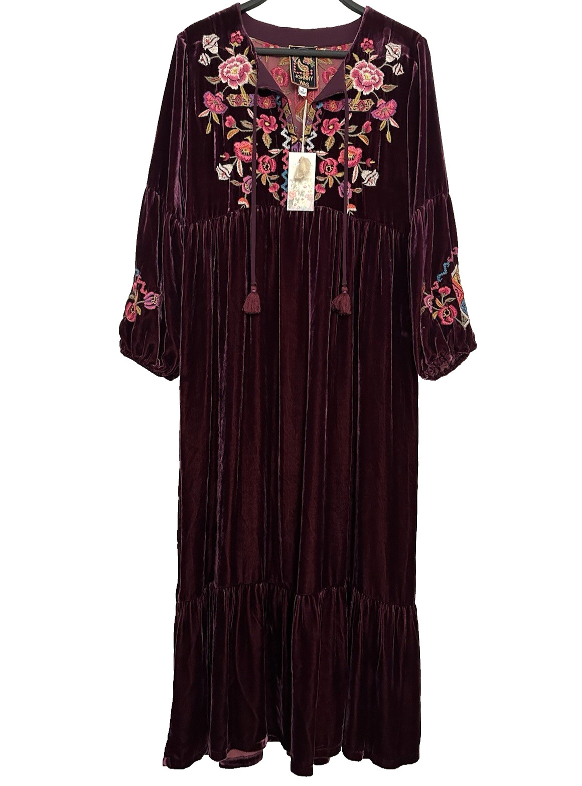 Johnny Was Anaya Velvet Dress Bishop Sleeve Eggplant Embroidered S NWT $465