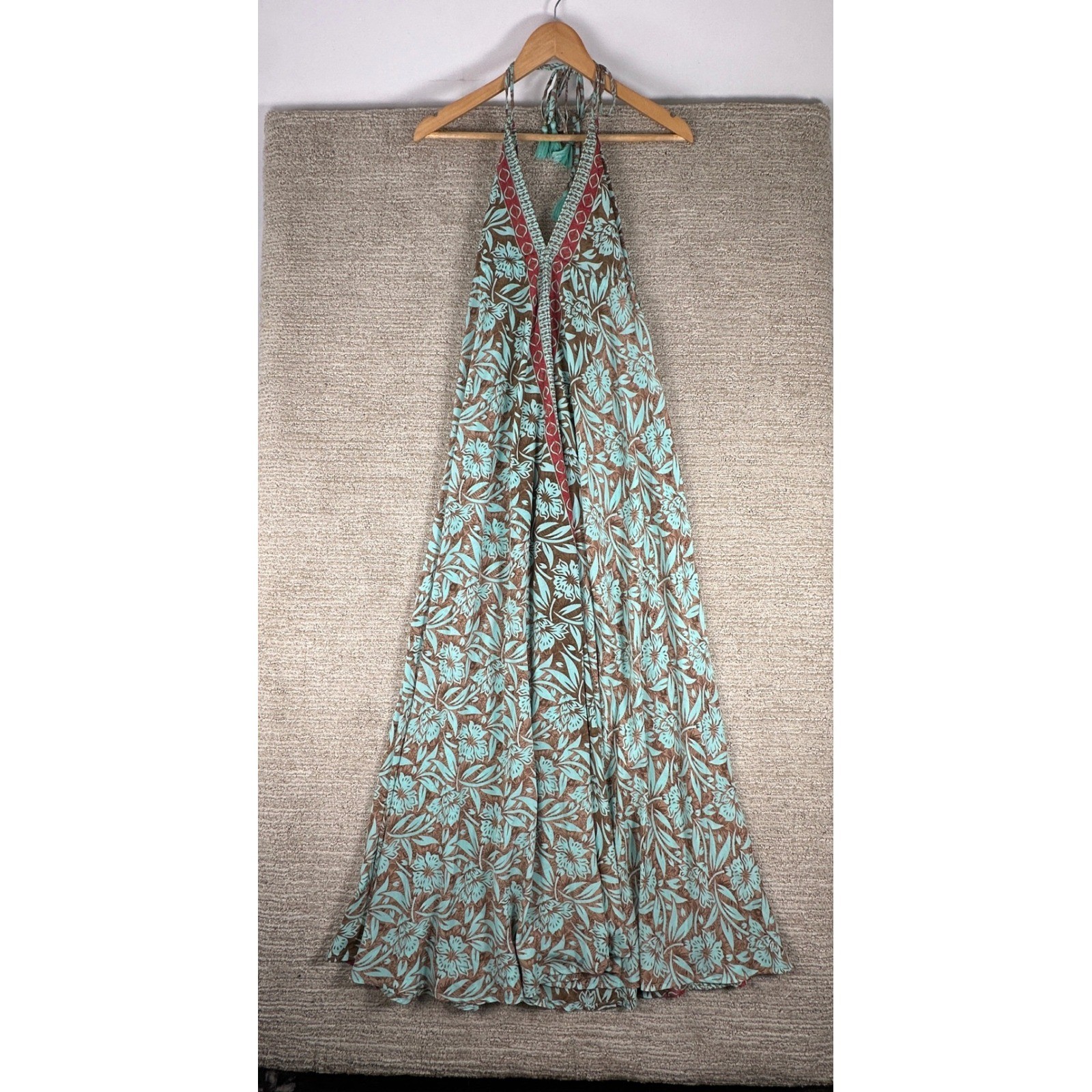 Arena Formentera Silk Blend Halter Maxi Dress Aqua Fl Tassel LD-1296 OS NEW