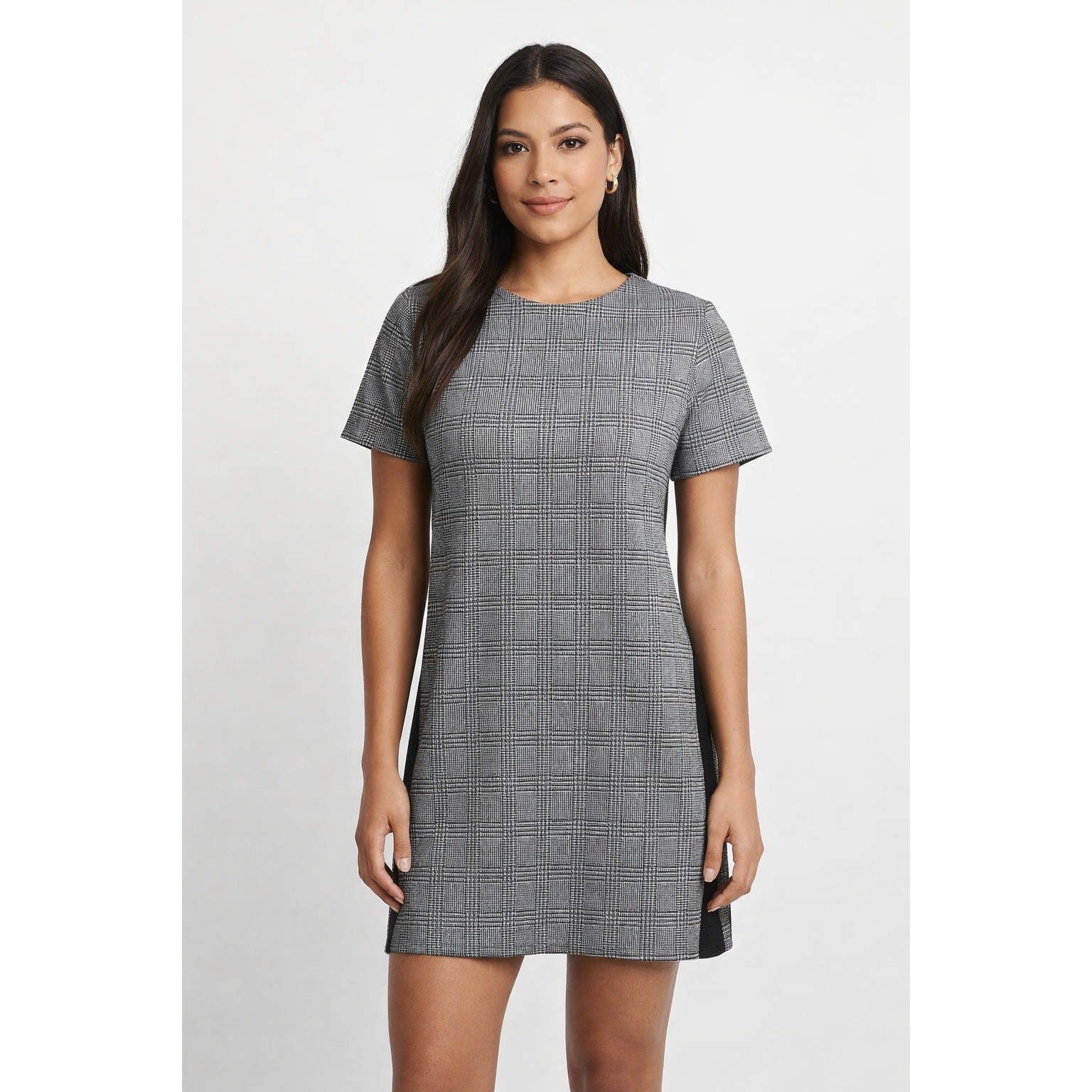 One Clothing Dress Womens Small Gray Plaid Knit Short Sleeve Shift Workwear