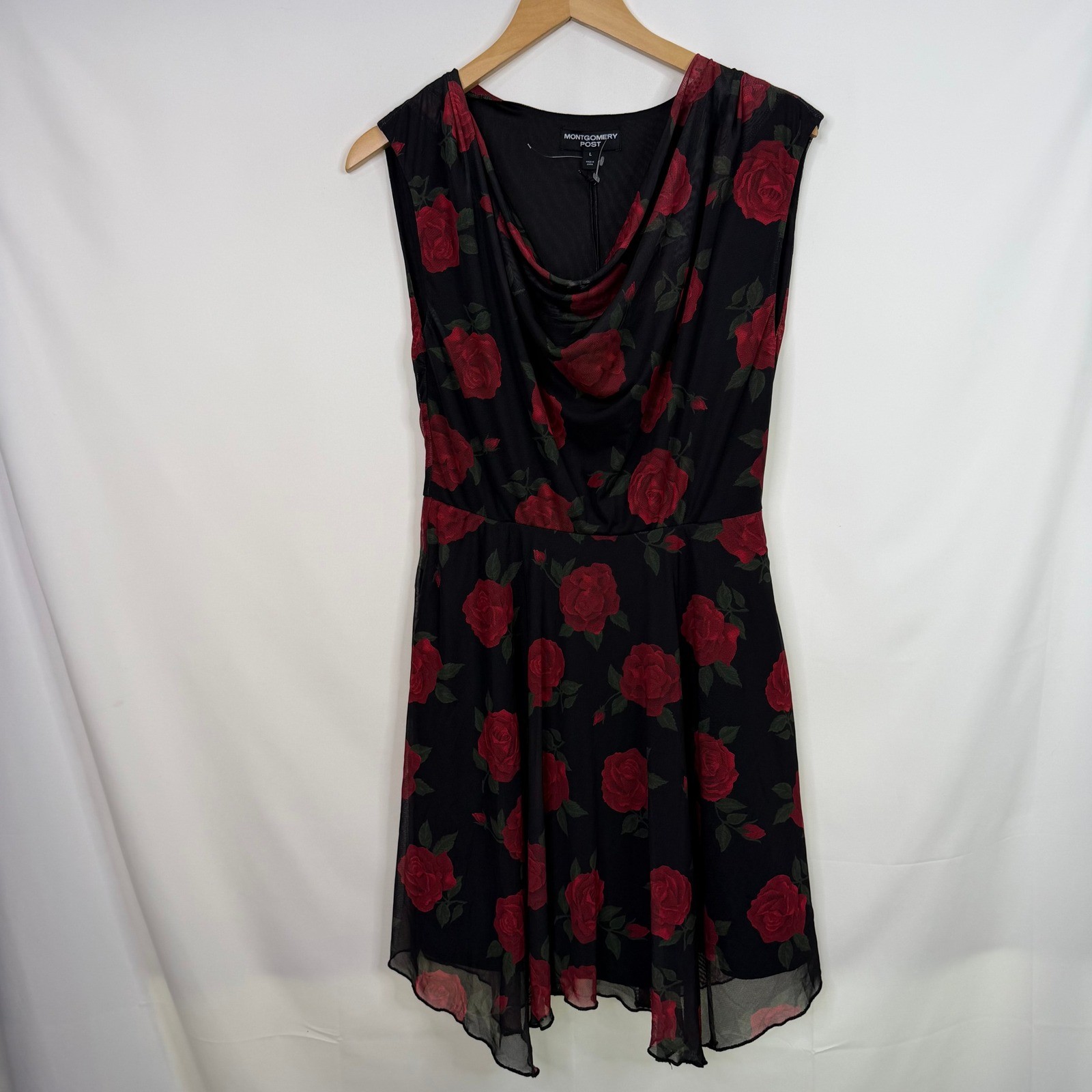 Montgomery Post Women Red Rose Floral Cowl Neck Mesh Dress Black Large NWT