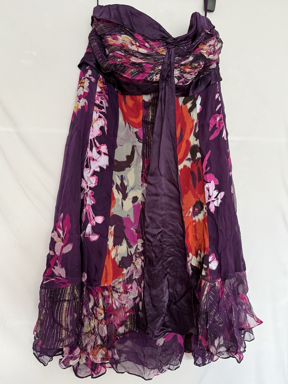 Monsoon Silk Blend Floral Strapless Tiered Maxi Dress Purple Pink Gold Size 18