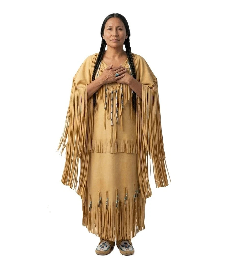 Native American Women’s Powwow Wedding Dress Tan Hide Beaded Fringe Outfit WD223