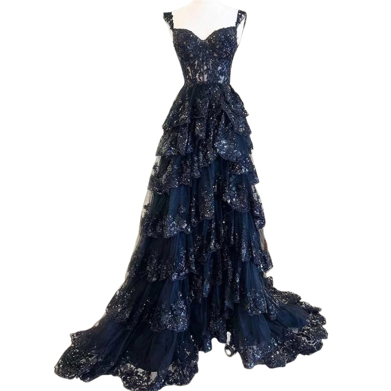 Lily Navy Blue ALine Formal Dress Tiered Sweetheart Pleated Spaghetti Strap