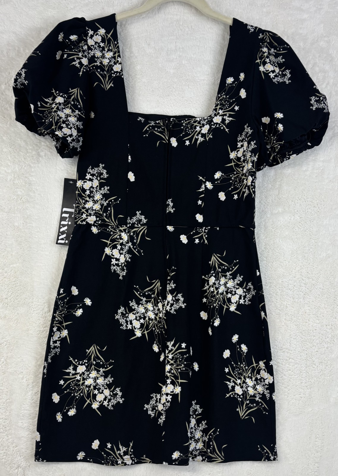 Trixxi Women’s Black Floral Puff Sleeve Square Neck Mini Dress Size L New