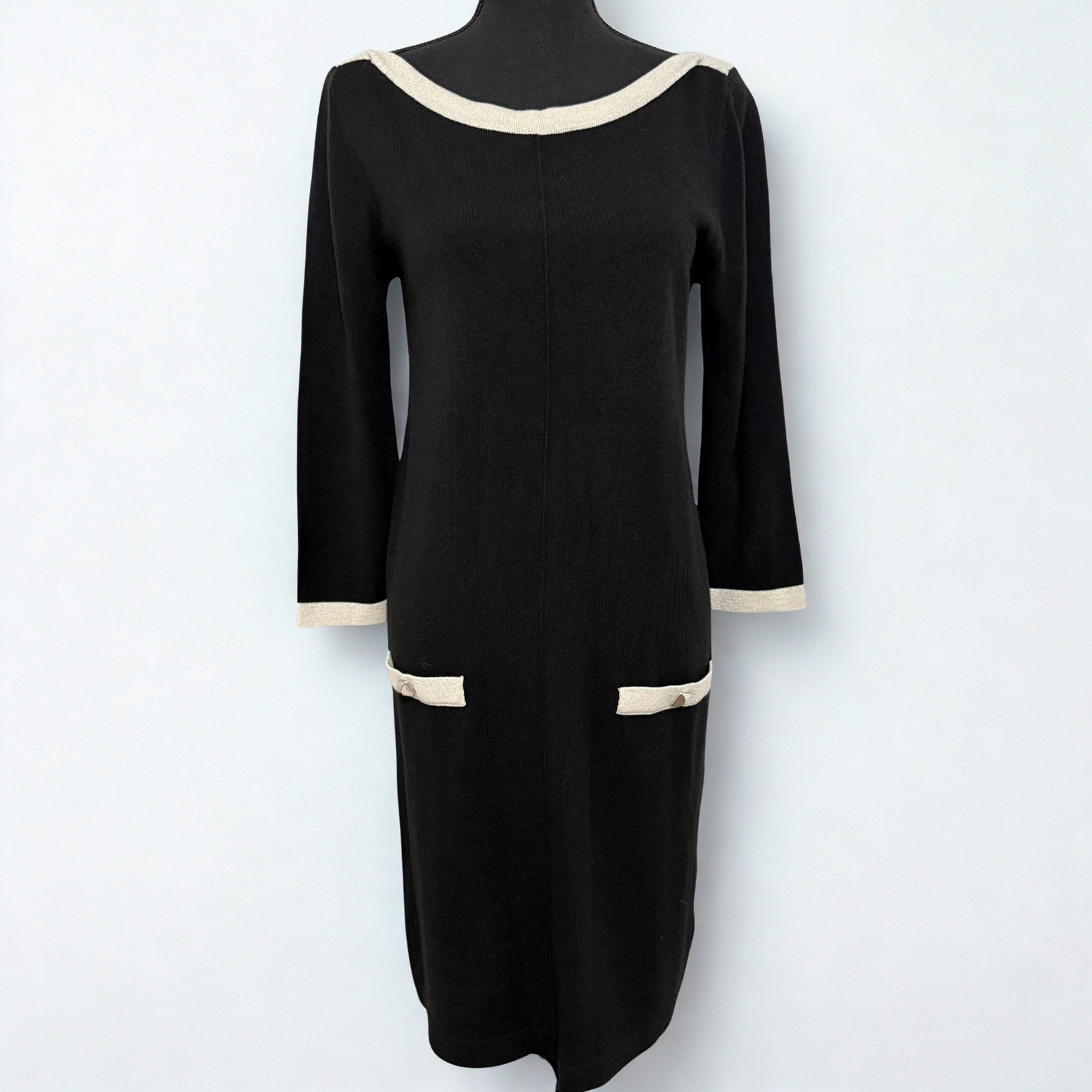 Nine West Black Knit Dress with Cream Trim and Pockets Medium Classic Chic