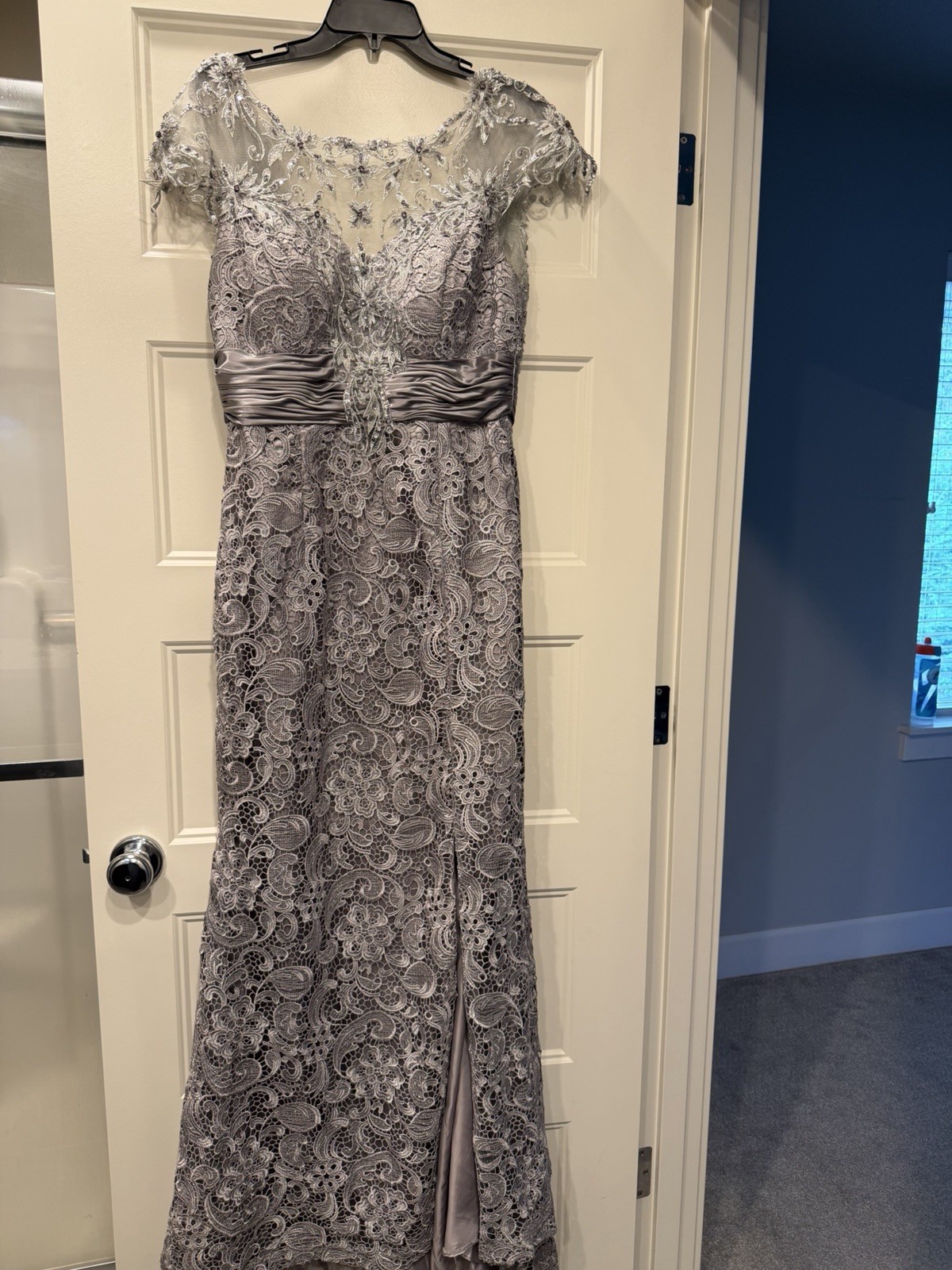 Let’s Fashion Silver Gray Lace Beaded Formal Evening Gown Dress Size L Long Maxi