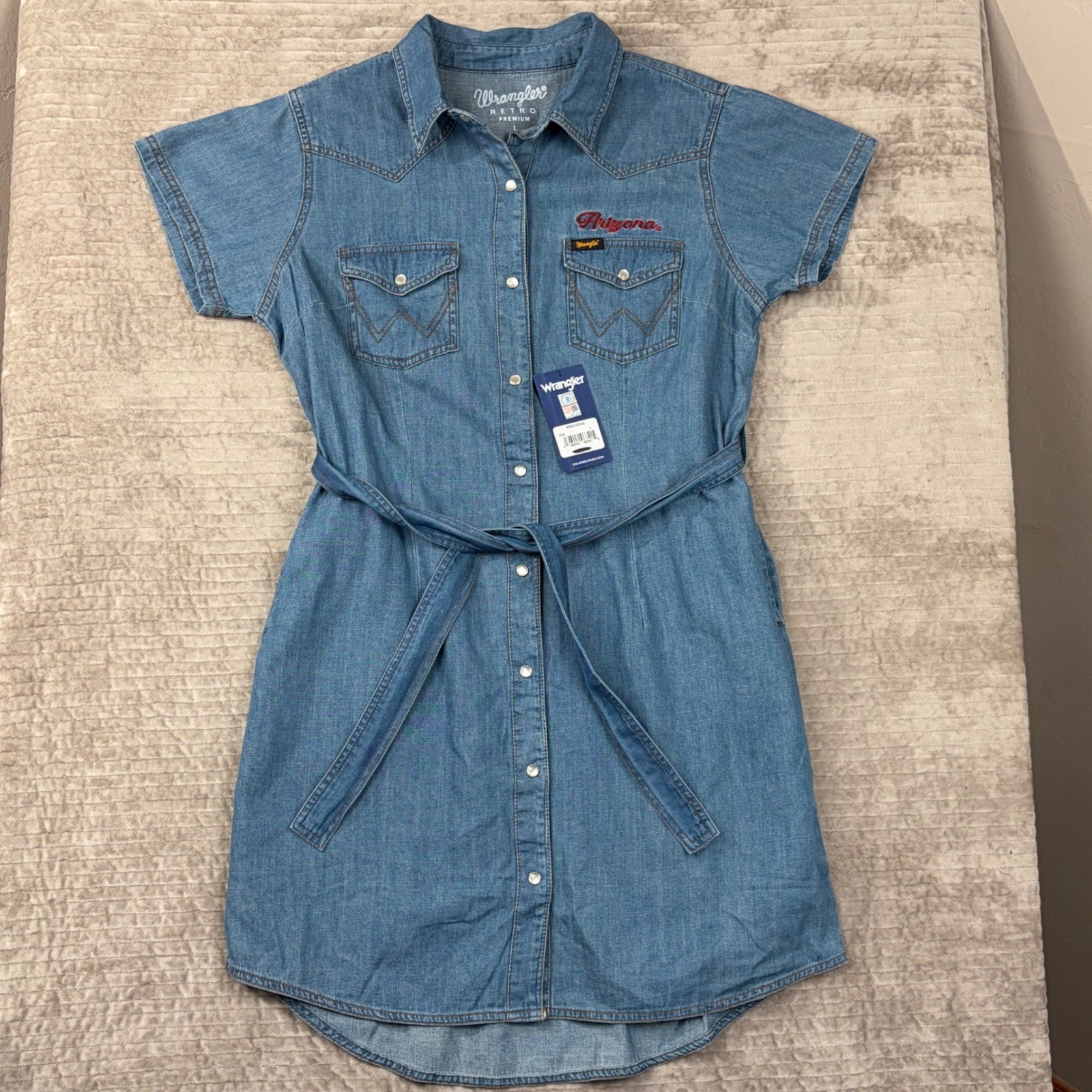 Wrangler Retro Premium Arizona Wildcats Denim Western Snap Shirt Dress Blue L