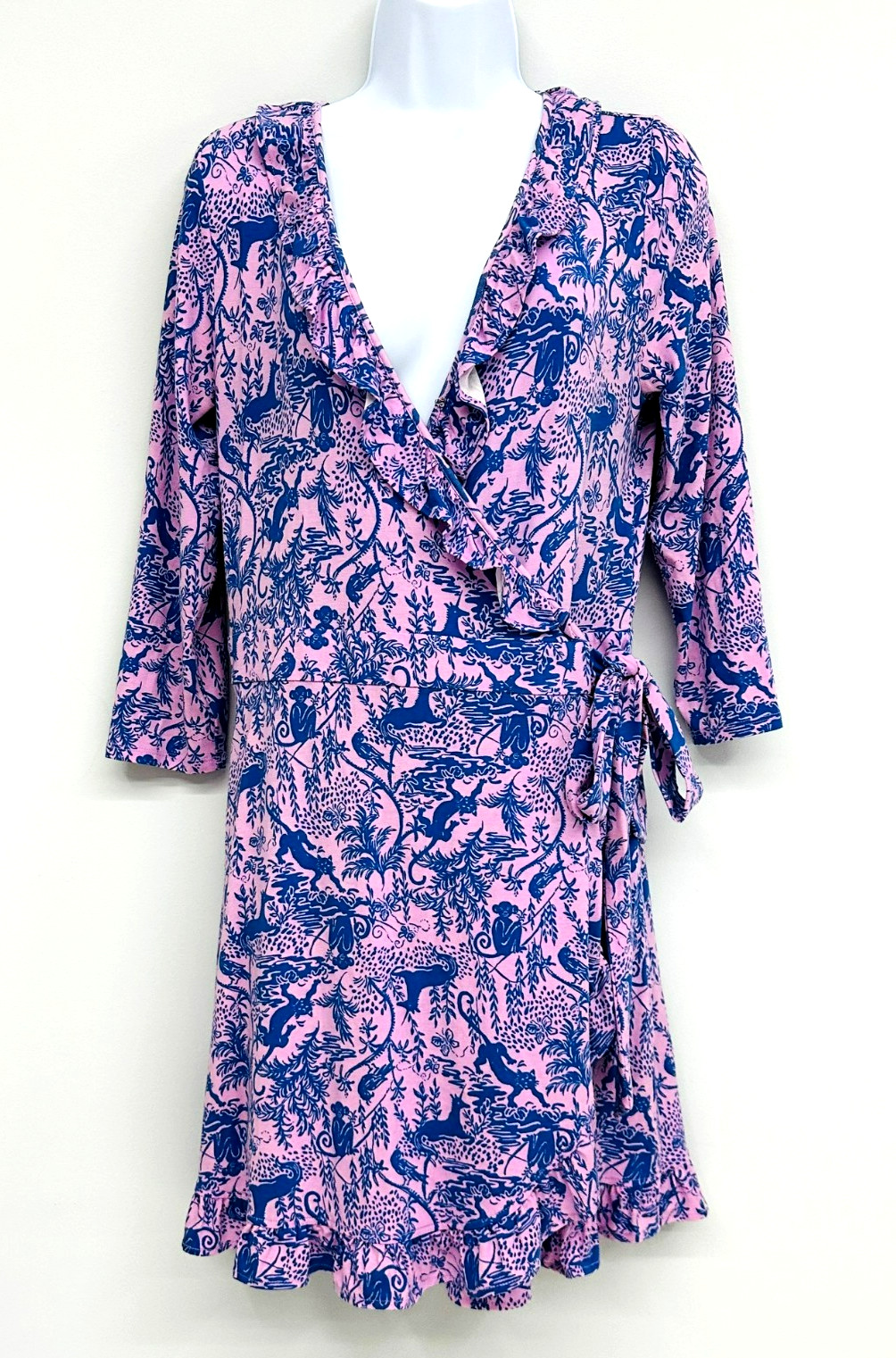 Lilly Pulitzer Wrap-Dress Purple Tropical Animals w/Shorts Long Sleeve Ruffles M