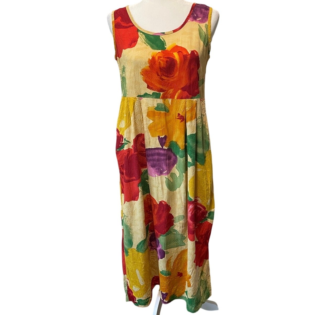 Jams World Sleeveless Midi Dress Sz S Pockets Floral Vintage Colorful Yellow Red