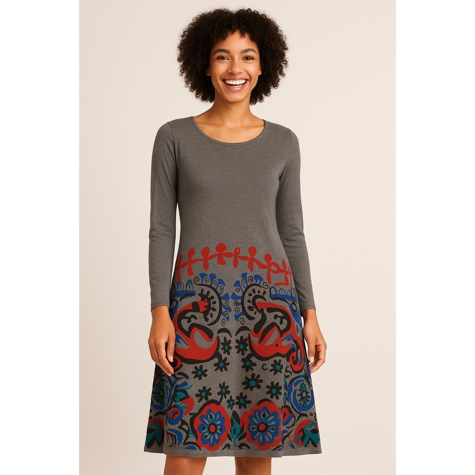 Desigual Dress Women Size S Gray Long Sleeve Graphic Floral Knee Length 67V2LA4