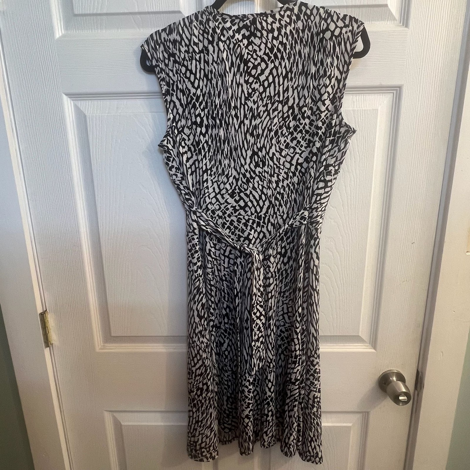 Studio One New York Back and Off White Animal Print Faux Wrap Midi Dress