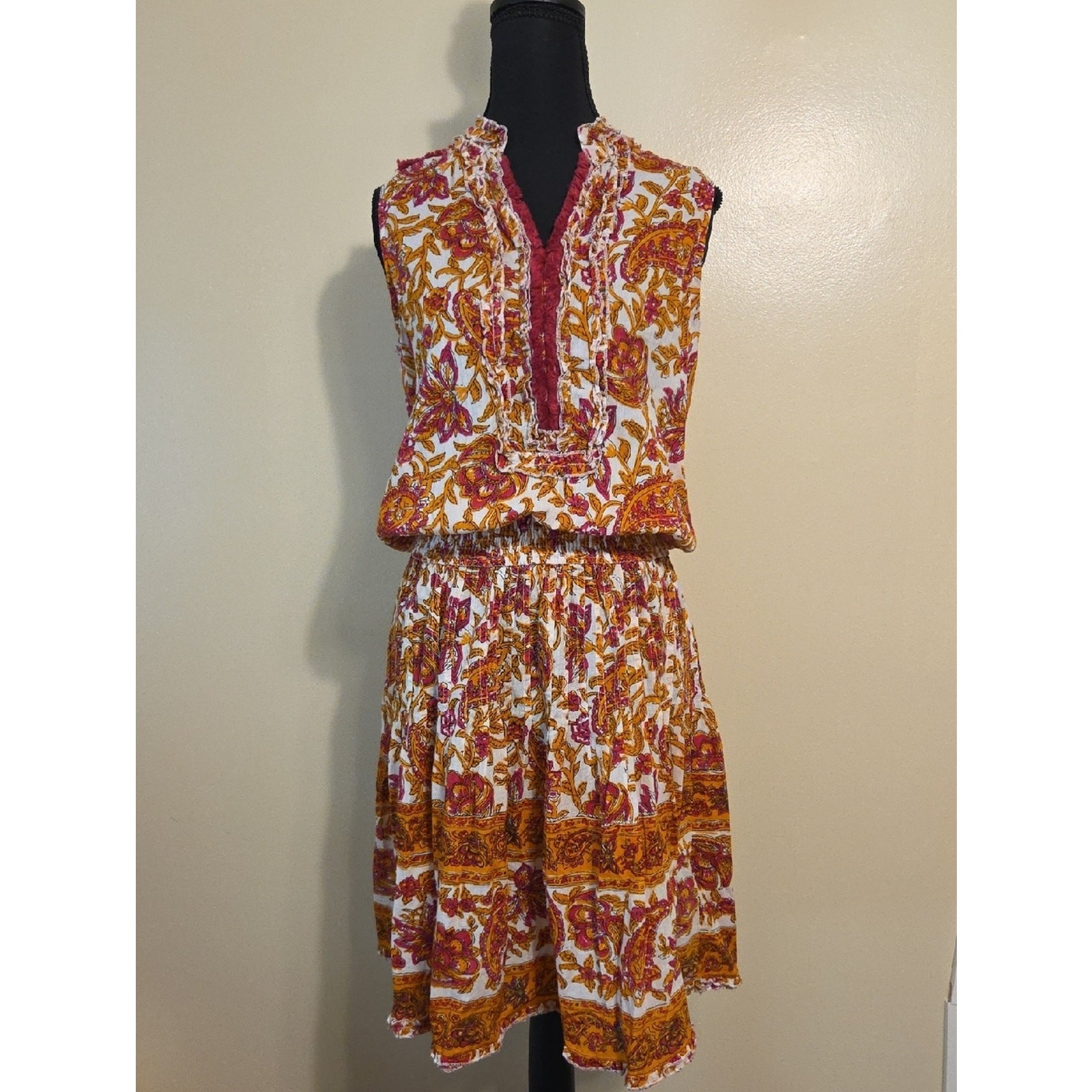 Lola Australia Pink & Orange Floral Paisley Boho Cotton Casual Midi Dress – XS
