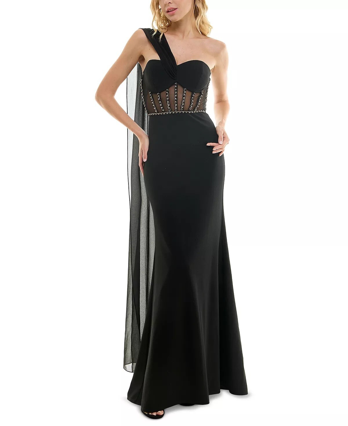 City Studio Juniors Illusion-Bodice Gown With Flyaway Cape Black Size 15/16 $129