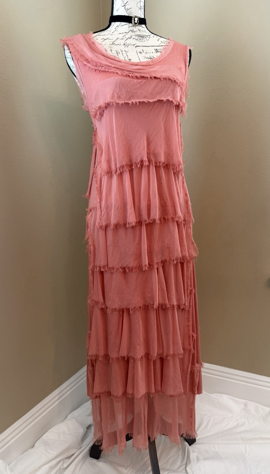 ITALY GIGI MODA Siena Sleeveless Scoop Neck Coral Layered Maxi Dress Size 4
