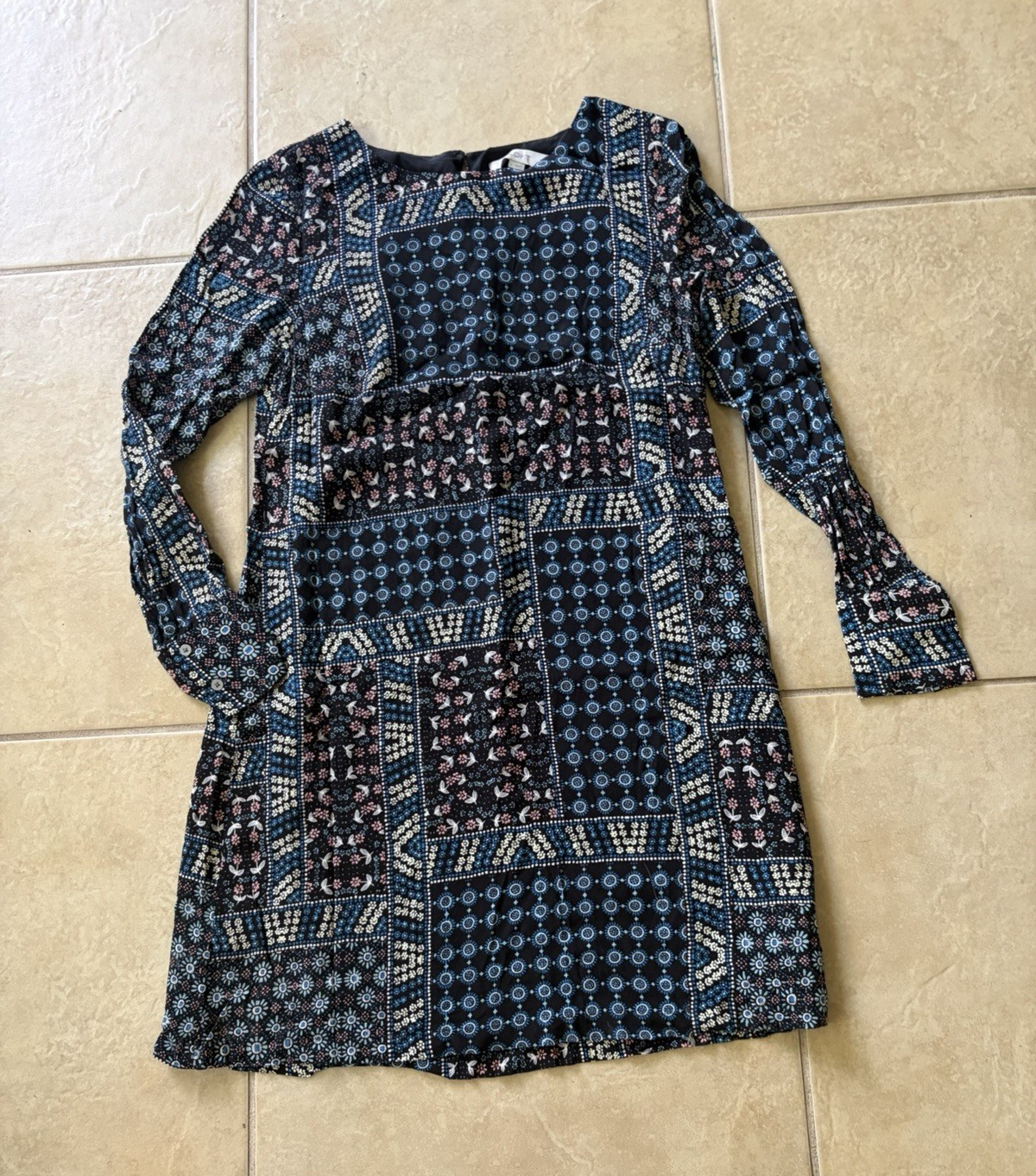 LOFT Black Blue Pink White Floral Square Neck A-Line Lined Dress Size 4