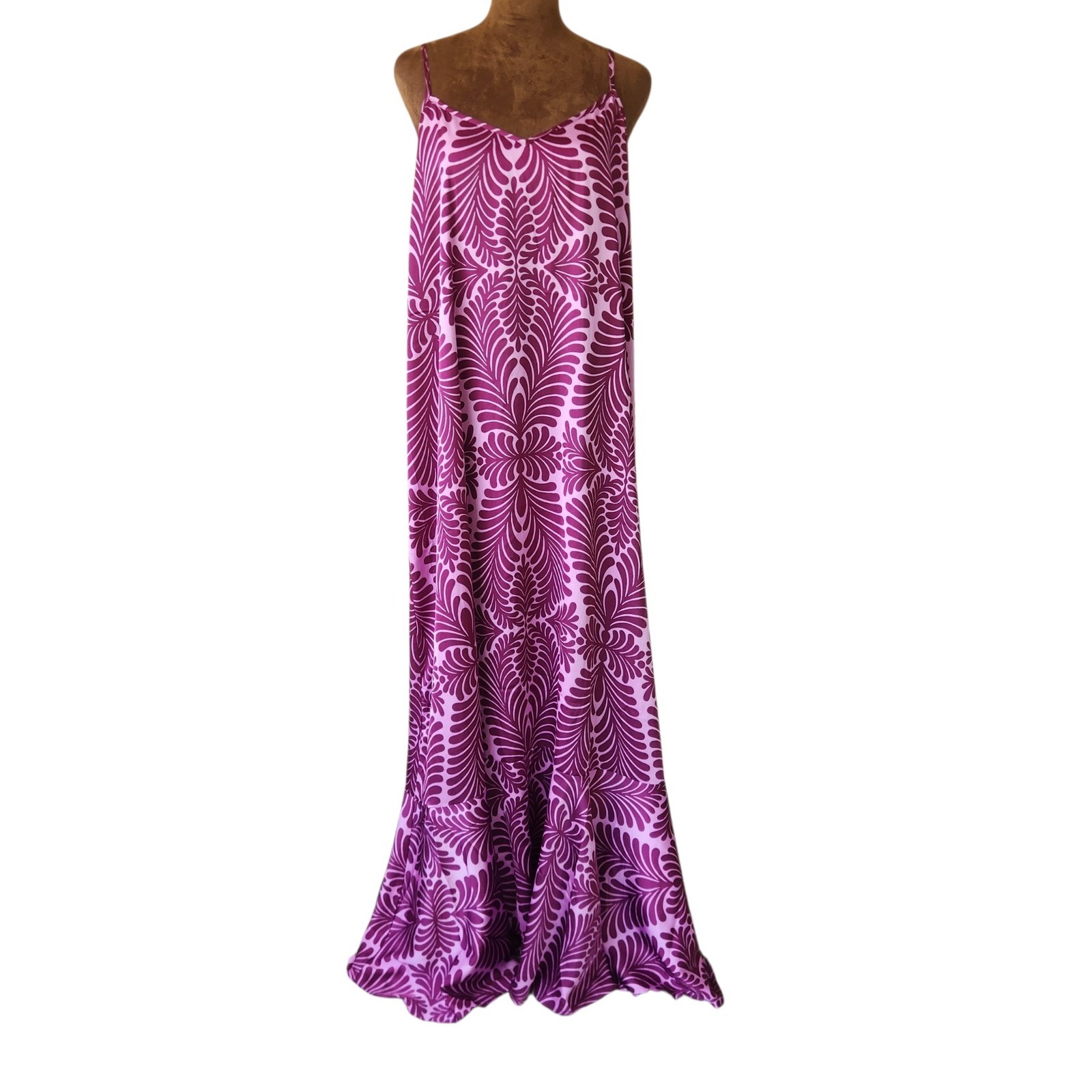 Venus Purple Pink Abstract Leaf Print Maxi Dress XL Sleeveless Tassels Tie Back