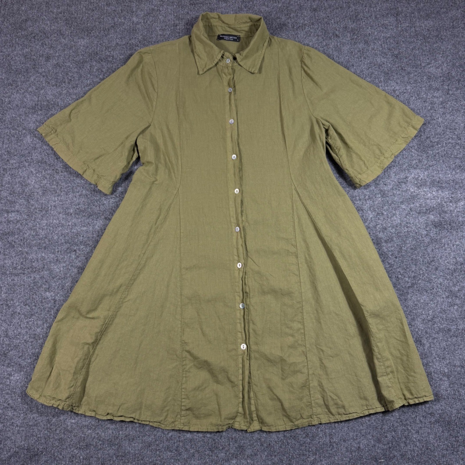 Francesca Bettini Shirt Dress Made in Italy Women L Olive Green Linen Cotton EUC