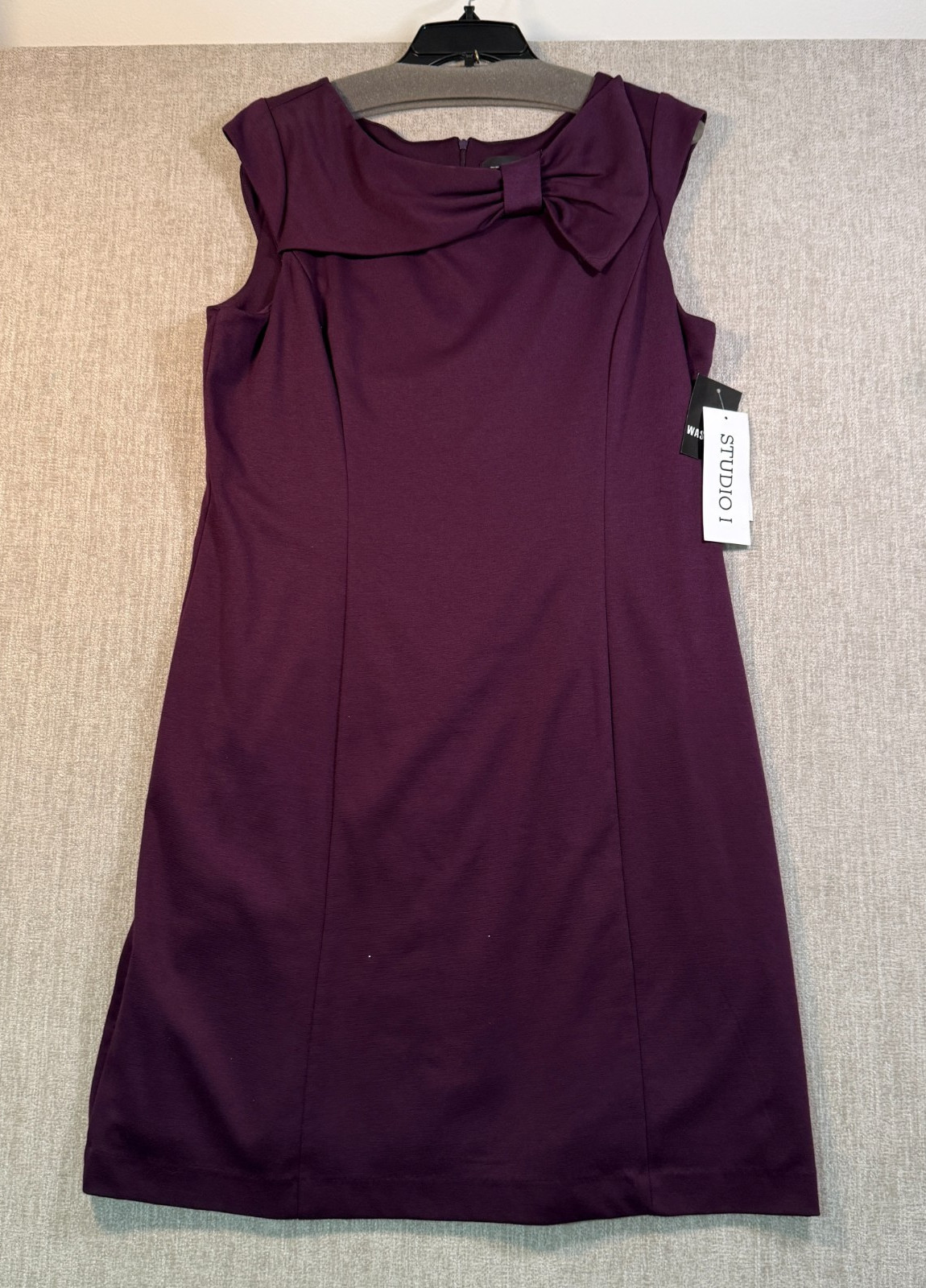 Studio I Purple Sheath Dress Women’s 14 Bow Front Cap Sleeve Knee Length NWT