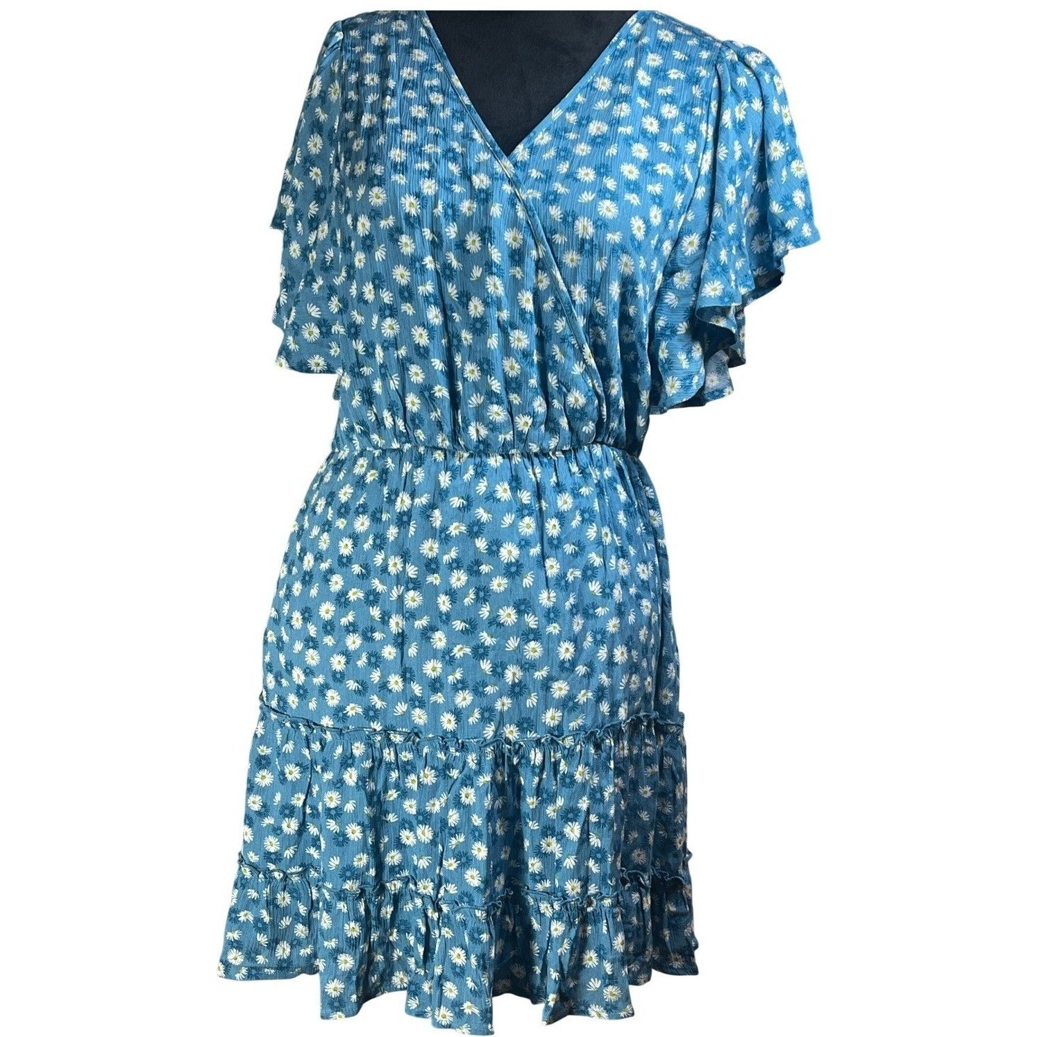 Altar State Blue Daisy Print Flutter Sleeve Tiered Ruffle Dress M boho peasant