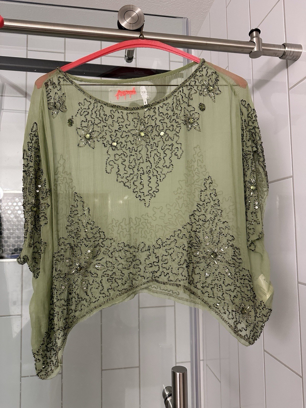 Free People Green Beaded Layered Sequin Chiffon Mini Dress XS Sleeveless