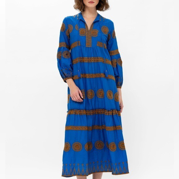 Oliphant Dress Cotton Embroidered Long Sleeve Cuff Maxi Sz L