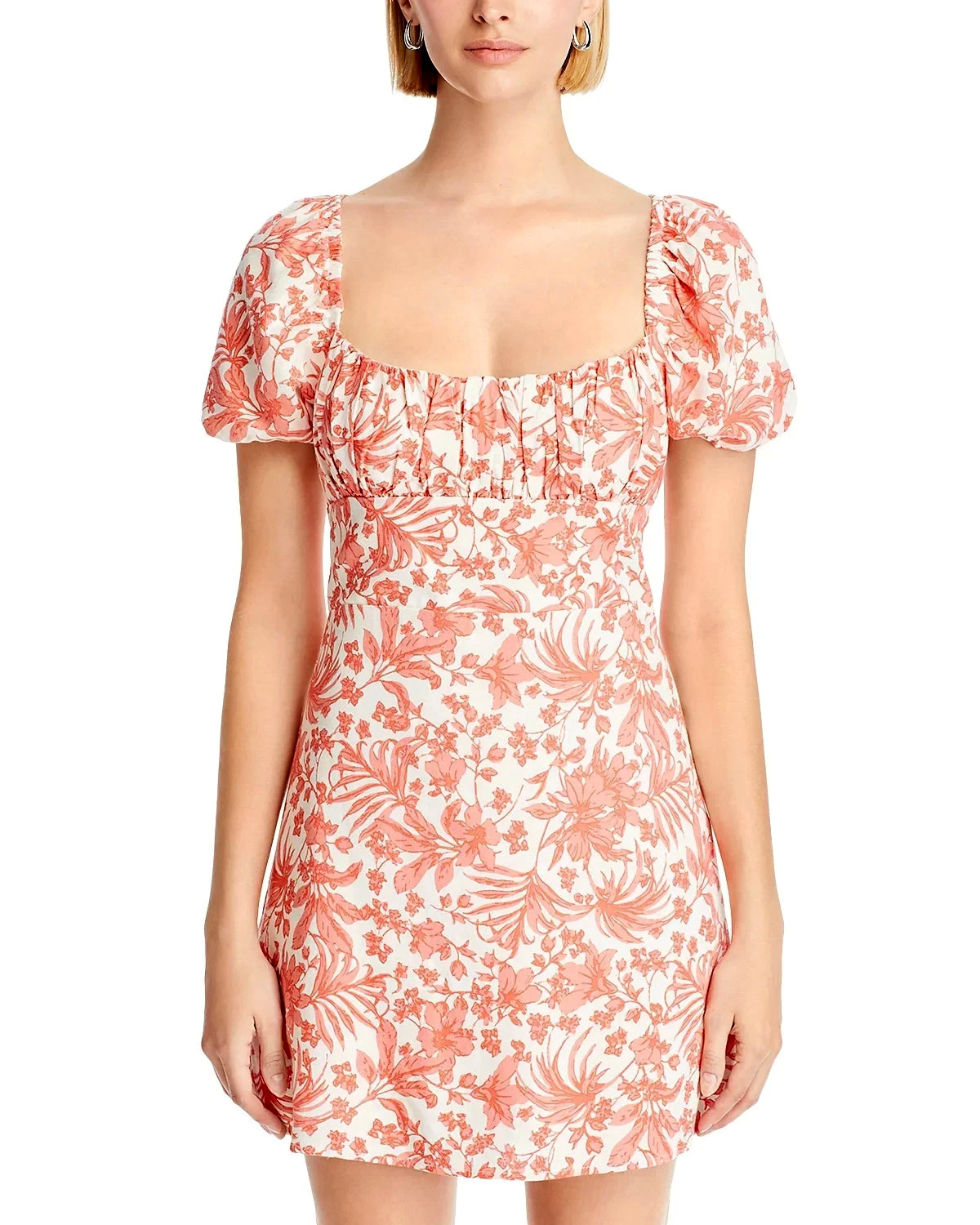 NWT Aqua Womens Orange White Floral Cotton Lined Puff Sleeve Mini Dress Size XS