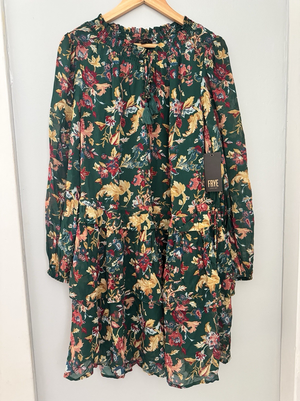 Frye Dress Medium NEW Rainforest Green Floral Tassel Long Sleeve