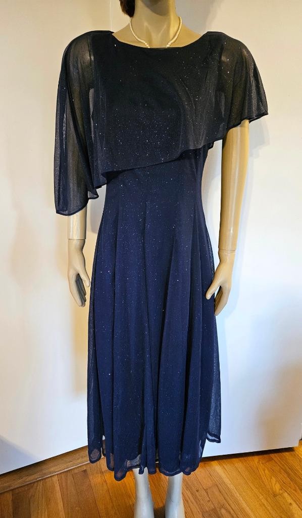 NWT DANNY & NICOLE Navy Glitter Sparkle Midi Dress w. Cape 14