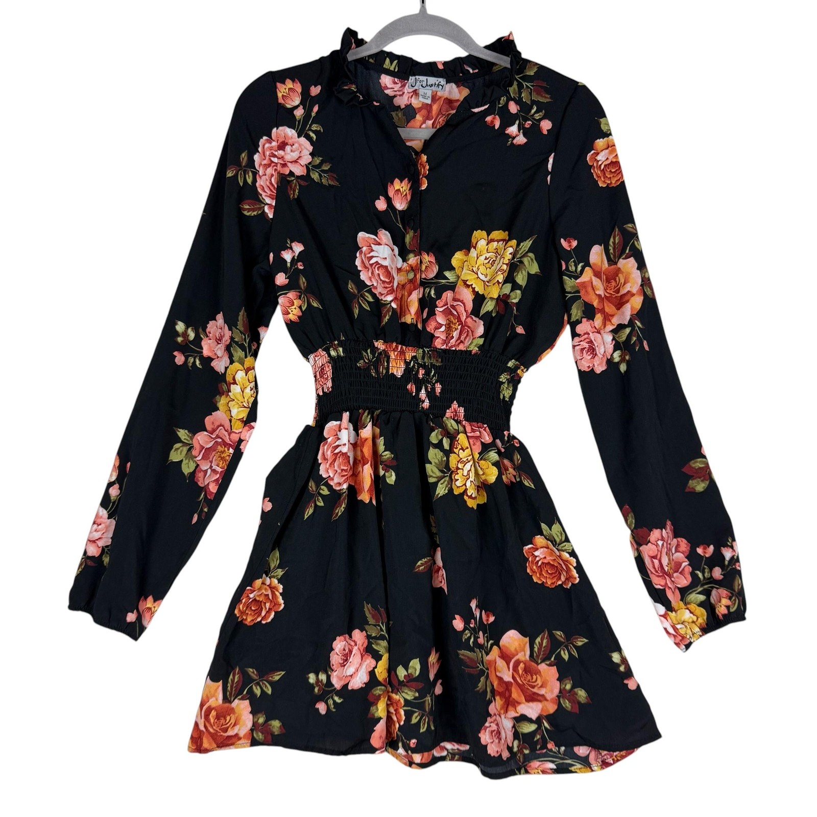 J For Justify Dress Juniors M Black Floral Smocked Fit Flare Long Sleeve Ruffle