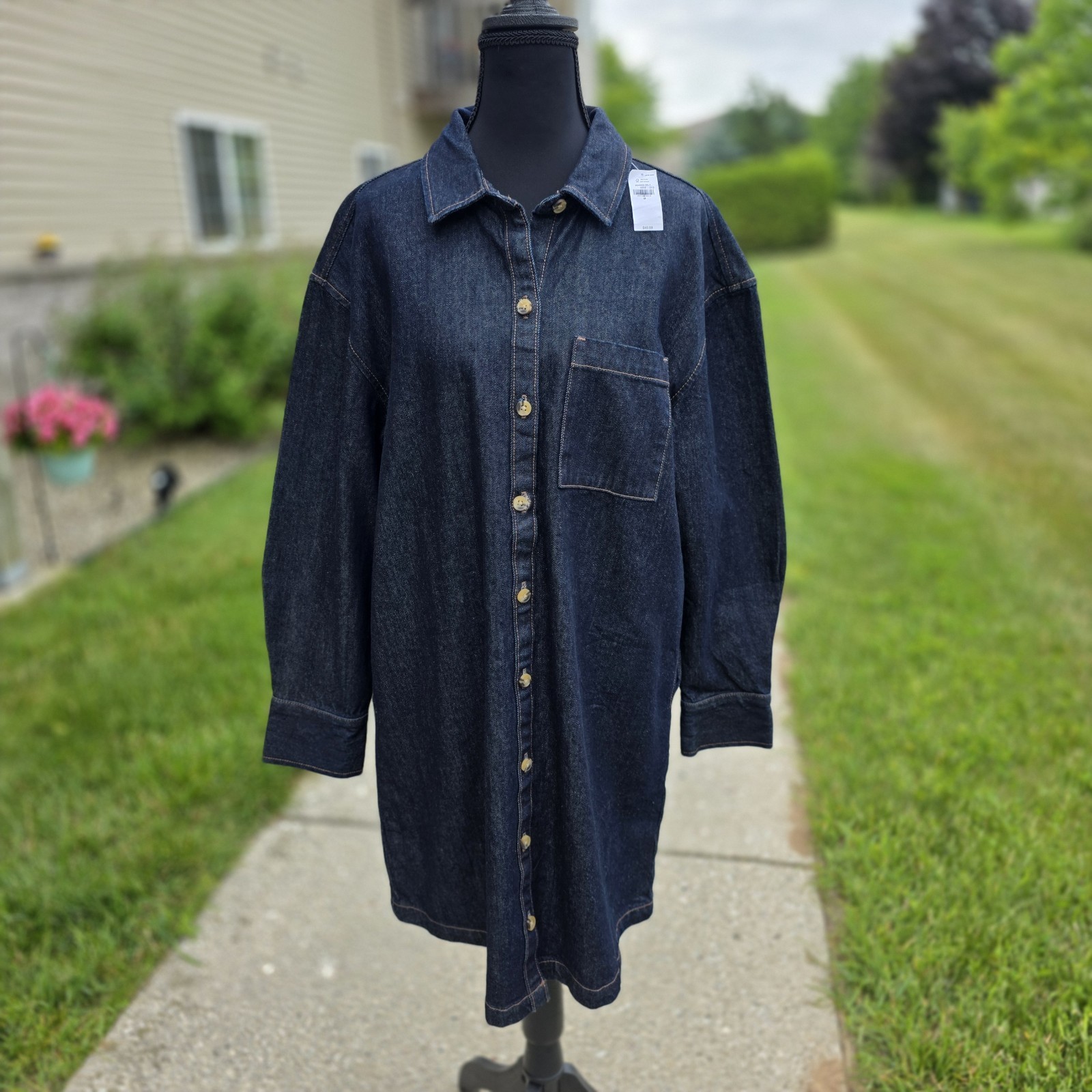 Old Navy Denim Shirt Dress Women’s Medium Dark Wash Button Front 100% Cotton NWT