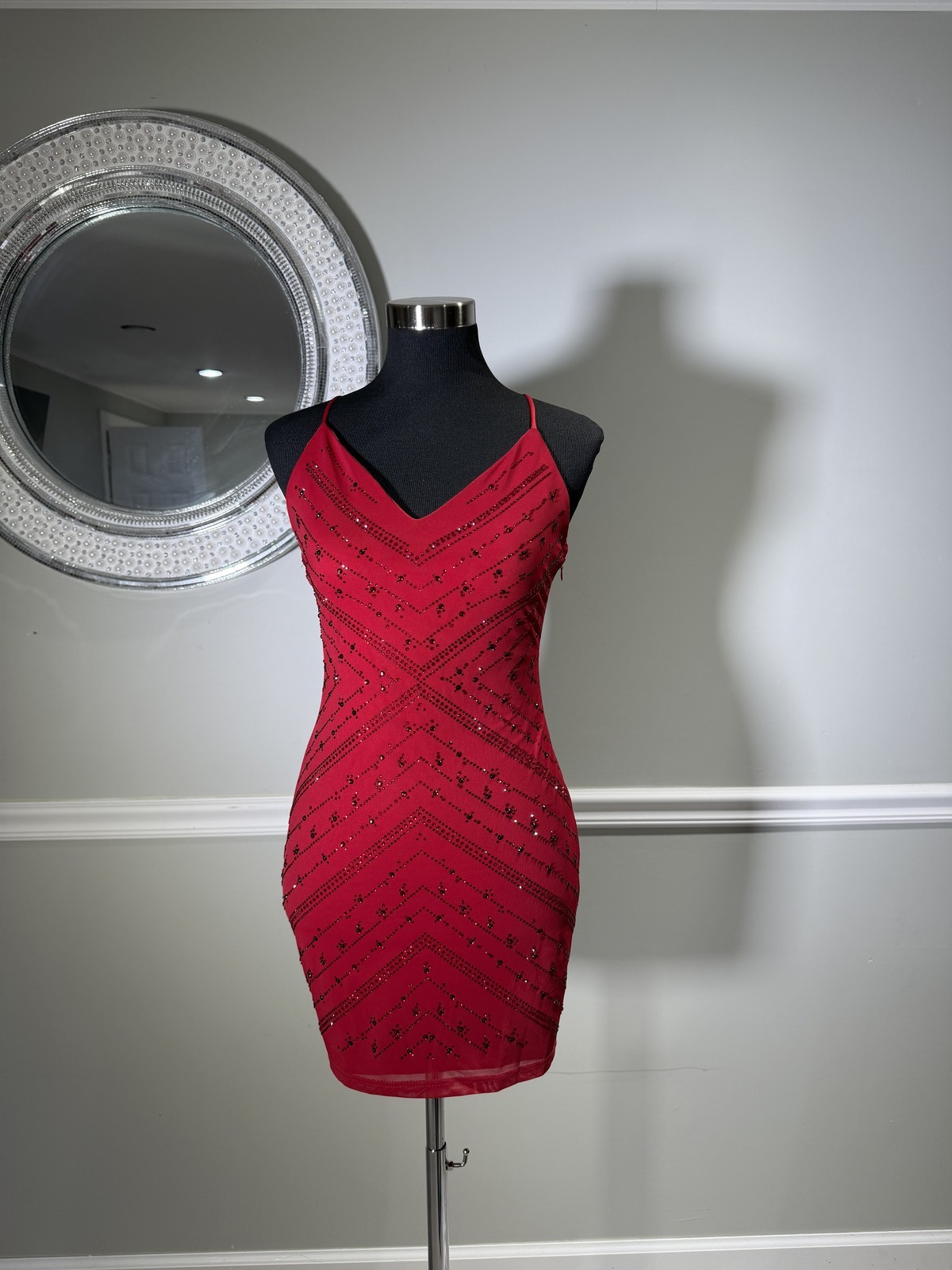 VIP Fashion Red Rhinestone Chevron Bodycon Cocktail Dress Size M