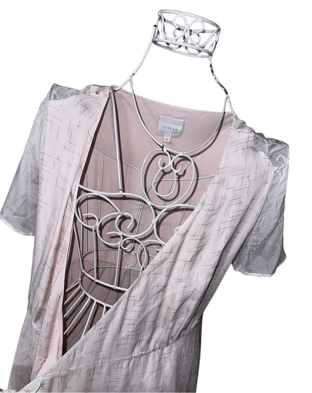 BEAUTIFUL GINLEE STUDIO 100% Silk Belted pink & gray long Dress Size 38 (8) reta