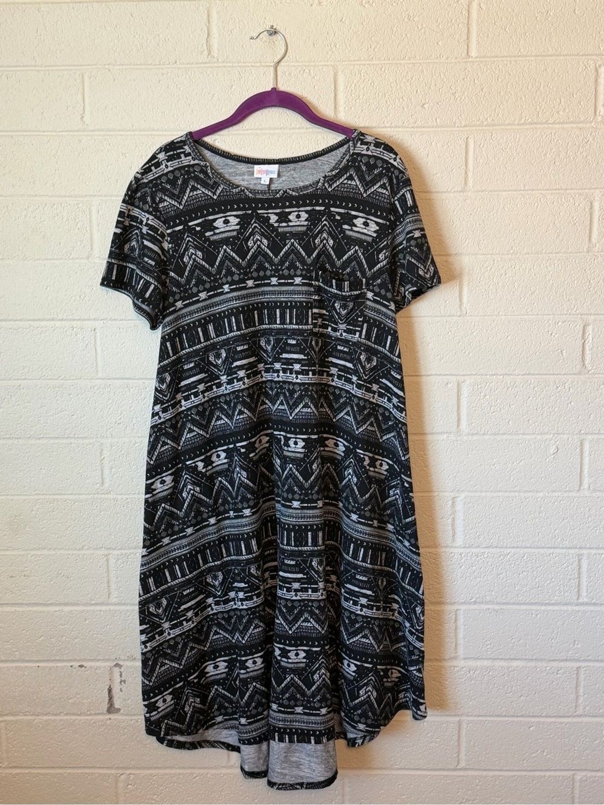 LuLaRoe Carly Swing Dress Black Grey Aztec Geometric Tribal High-Low Size L