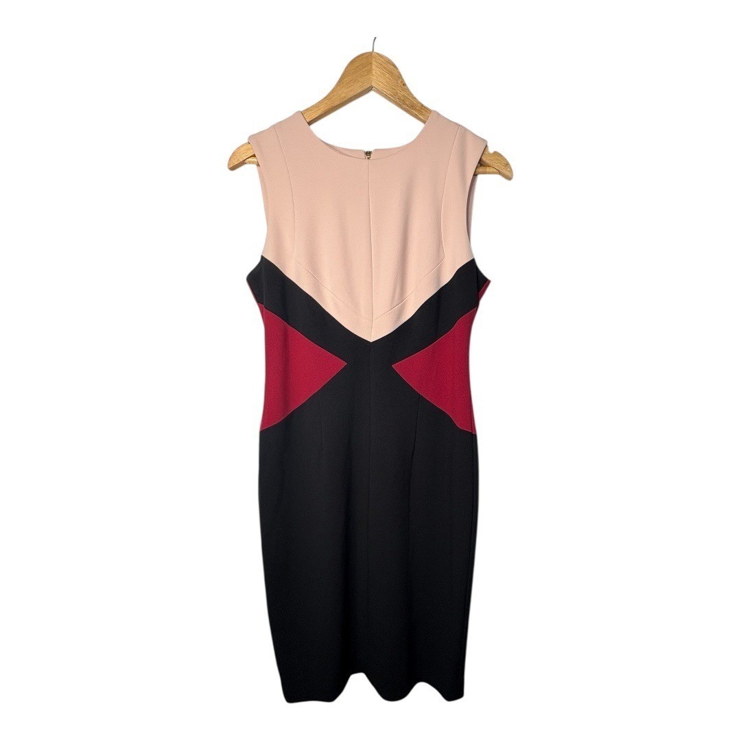 Calvin Klein Sheath Dress Size 6 Black Pink Red Colorblock Sleeveless Knee