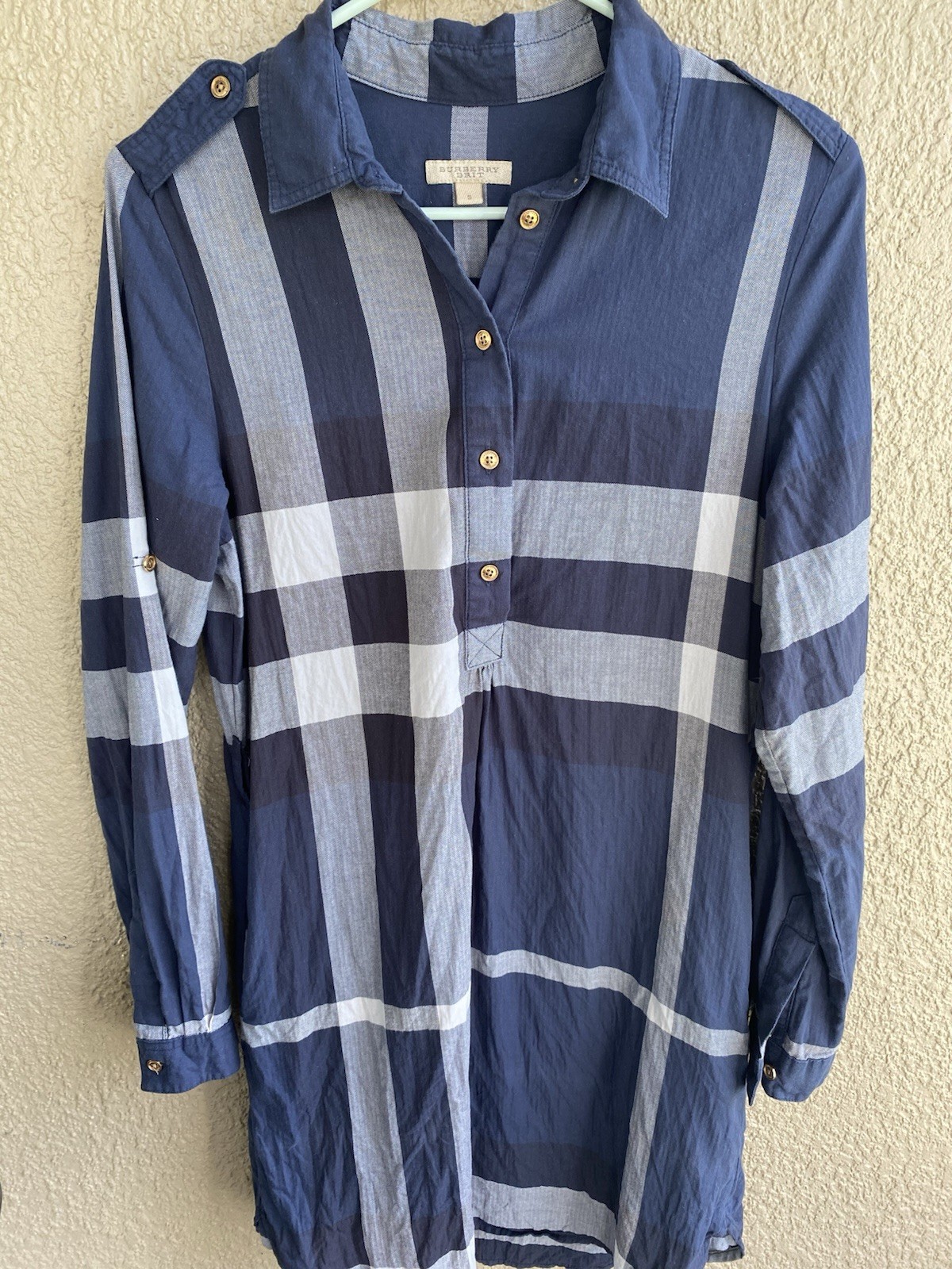 BURBERRY BRIT DESIGNER BLUE/WHITE/GRAY MULTI NOVA COTTON Long Sleeve Shirt Dress