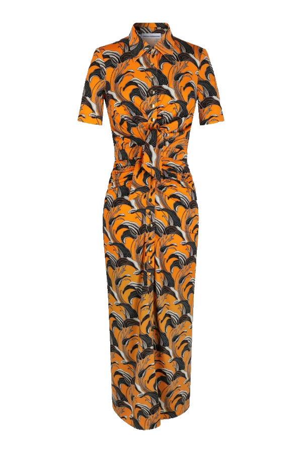 PACO RABANNE Orange Flower Printed Short Sleeve Collared Maxi Dress Size 38 NSC