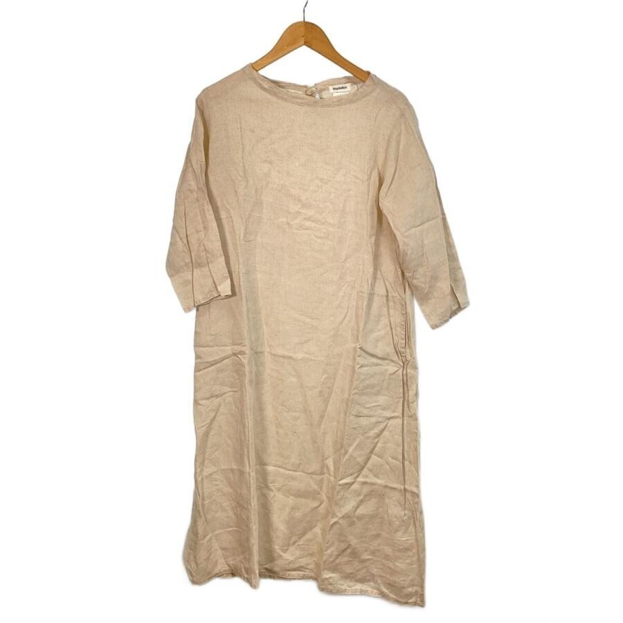 Plantation Beige Linen 3/4 Sleeve Midi Dress Womens M Crew Neck Japan