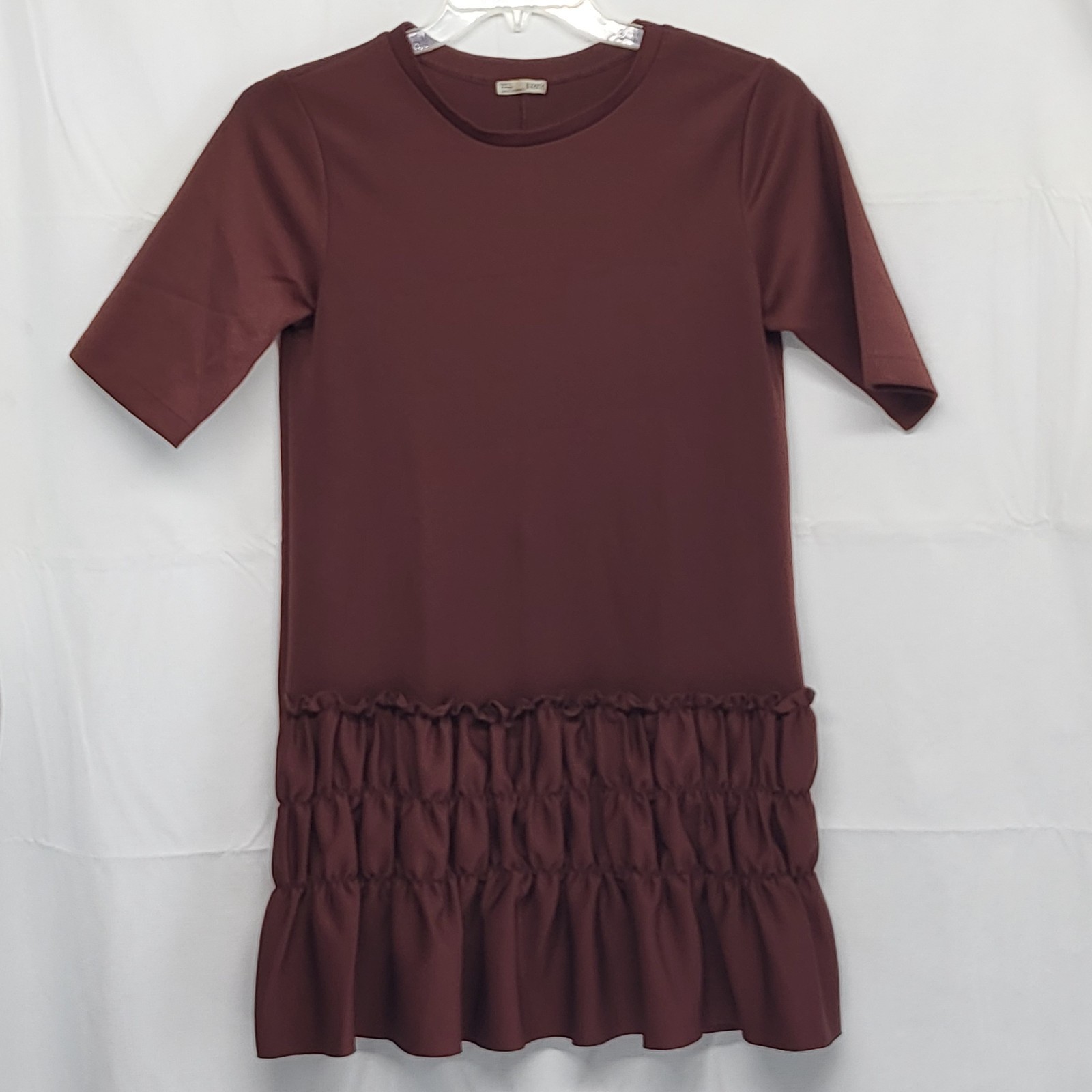 Zara Womens T Shirt Dress Mini Size Medium Stretch Ruched-Hem Brown