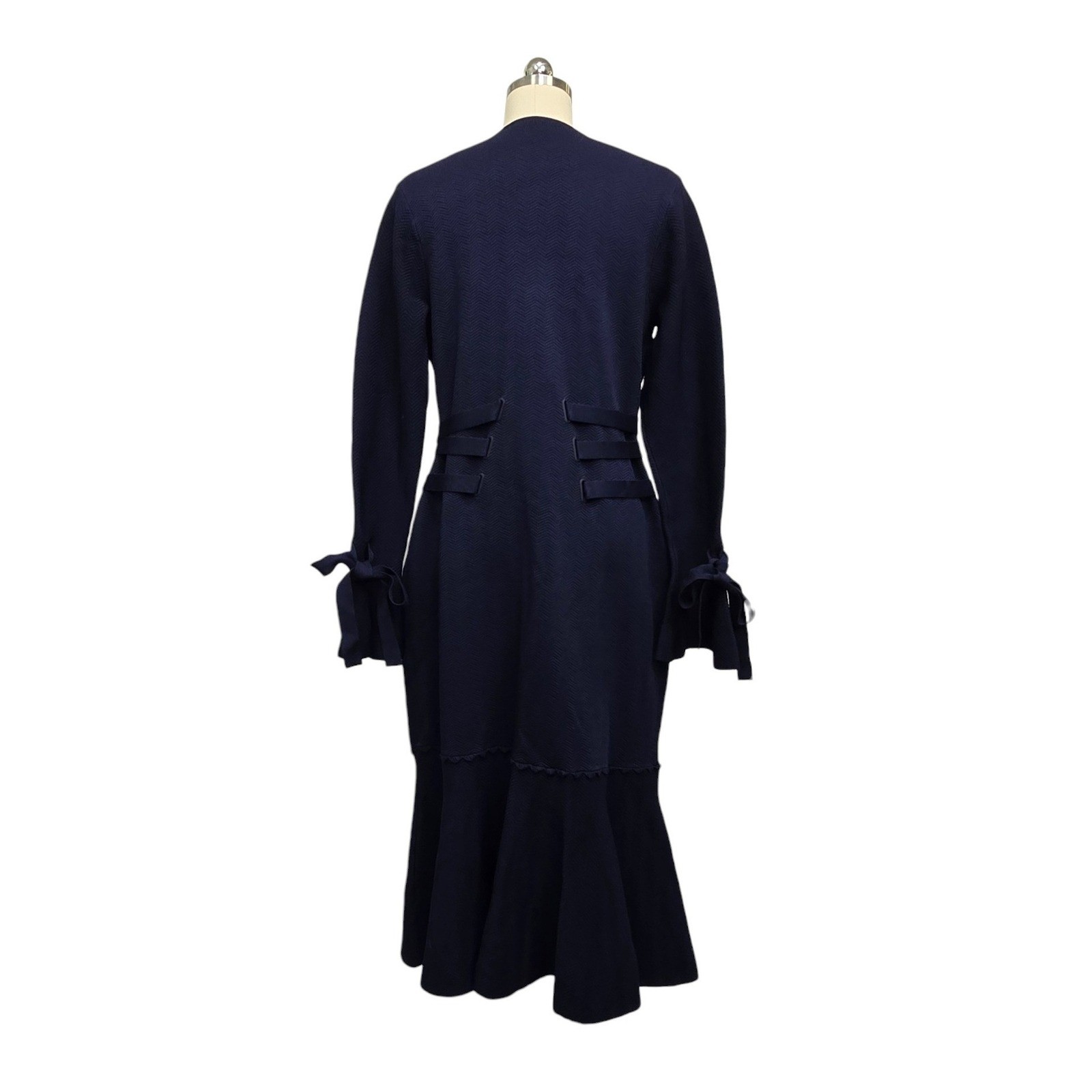 Jonathan Simkhai Navy Blue Knit V-Neck Midi Dress Tie Cuff Size 14 Quiet Luxury