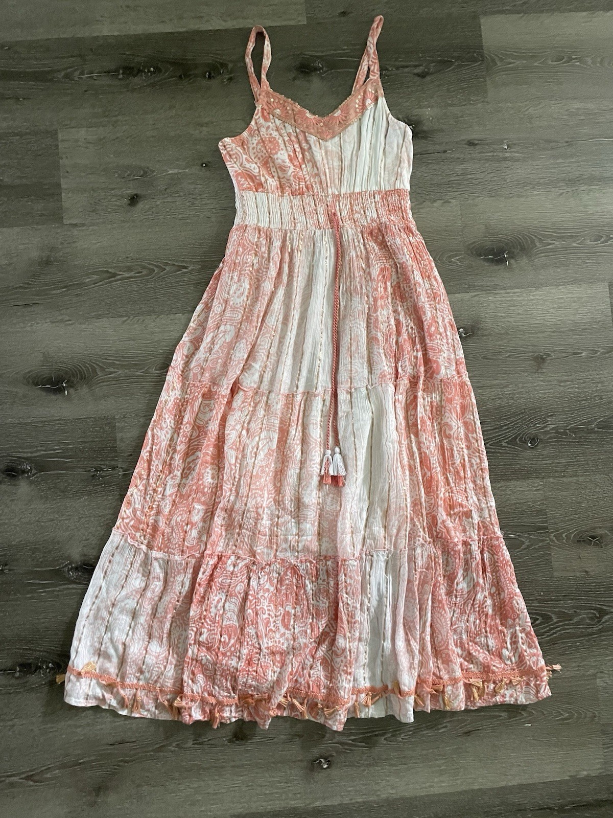 ME 2 MAGIC Sequin Tassels Gold Stripe Bohemian Maxi Tiered Dress Sz L