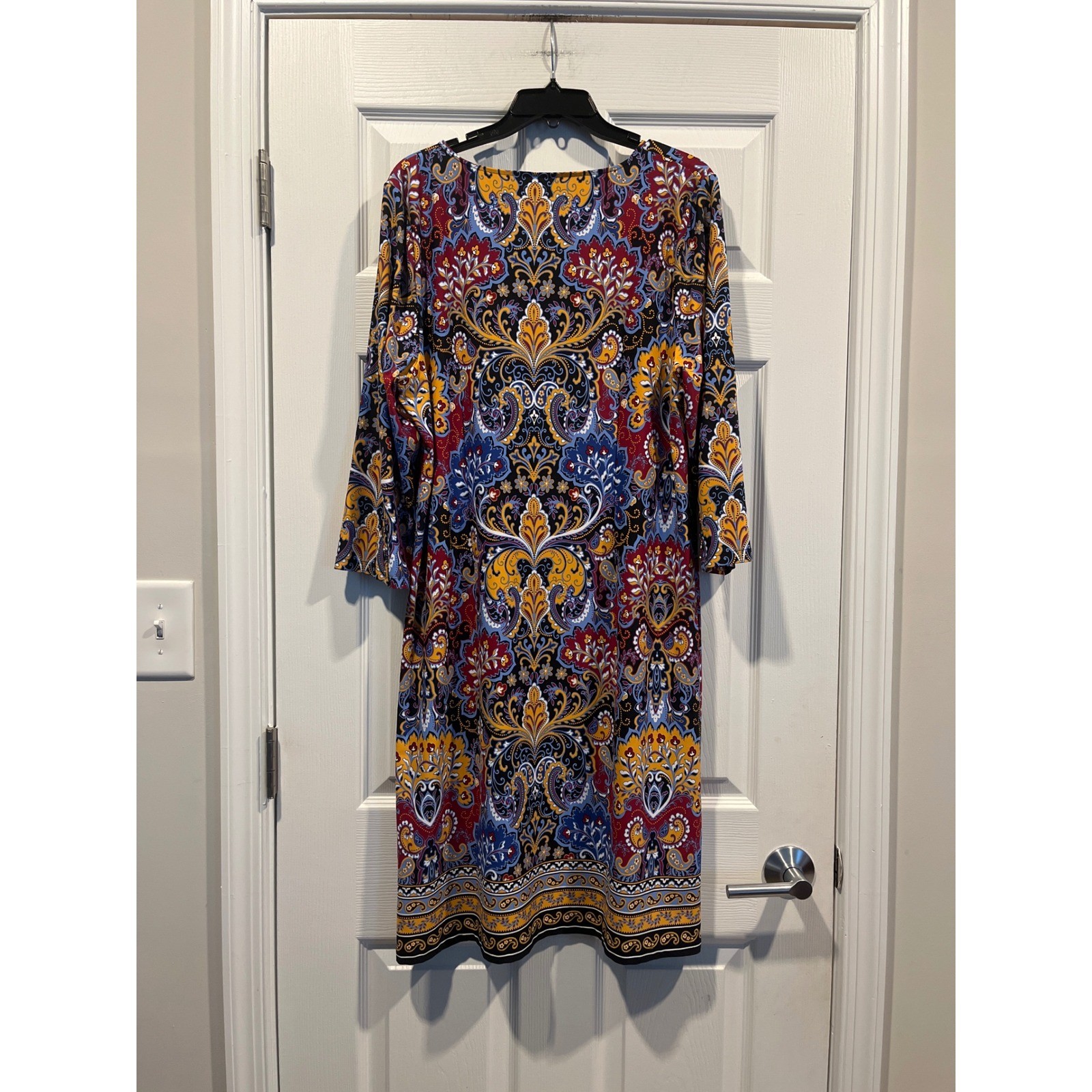 Talbots XL Paisley Medallion Shift Dress Red Blue Gold 3/4 Sleeve Button Cuff
