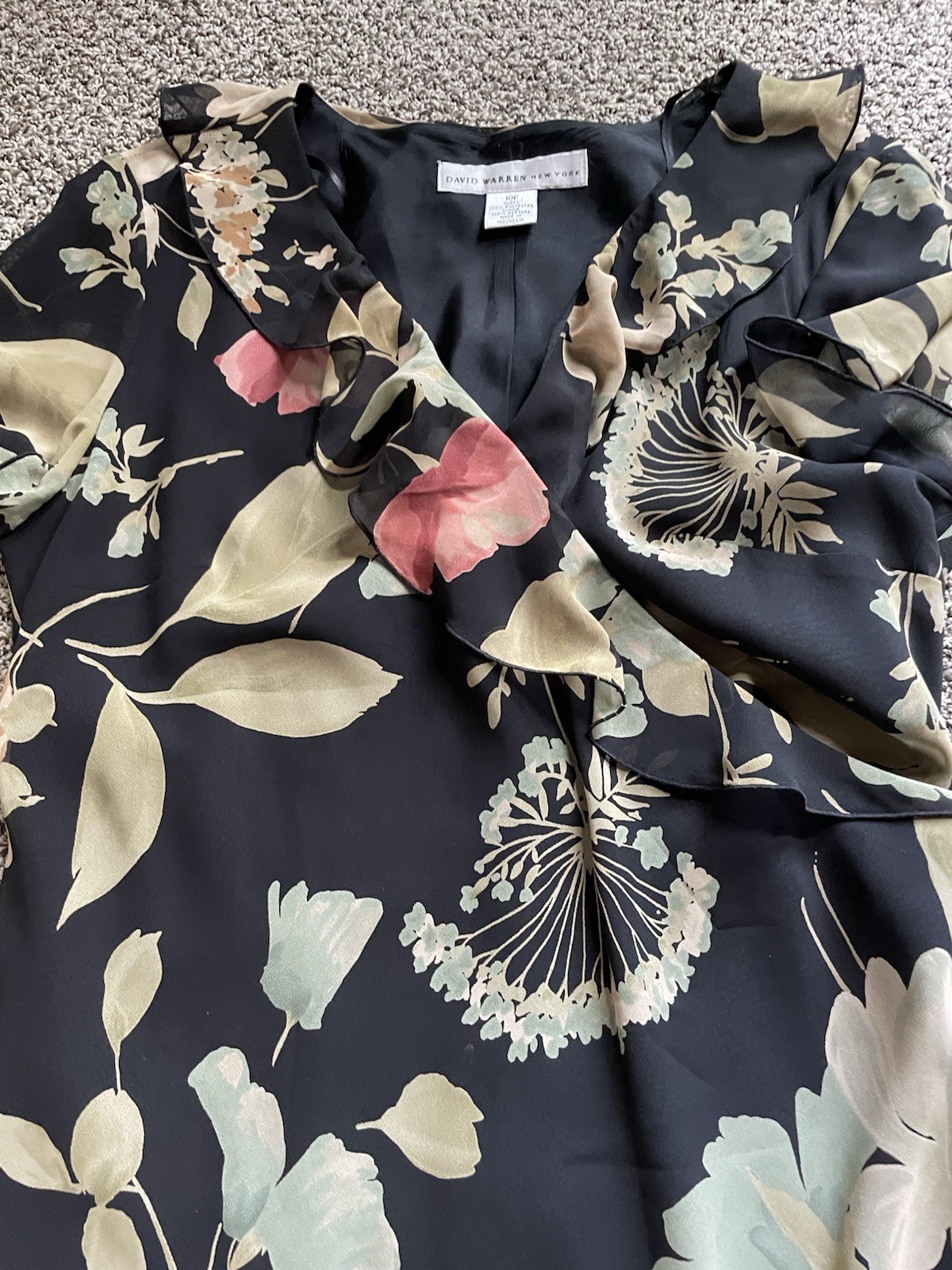 Y2K David Warren Women Maxi Chiffon Dress 10P Black Floral Ruffled Neckline