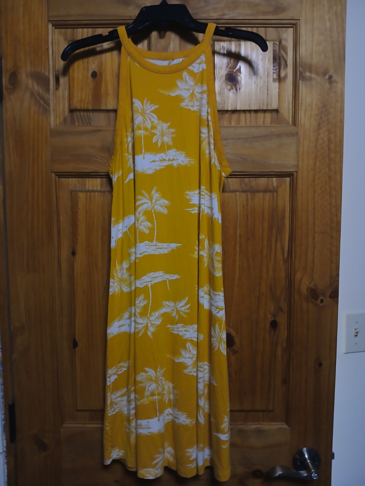 Old Navy Size Large Midi Dress Sun Dress Halter Yellow w/Palm Trees Tropical