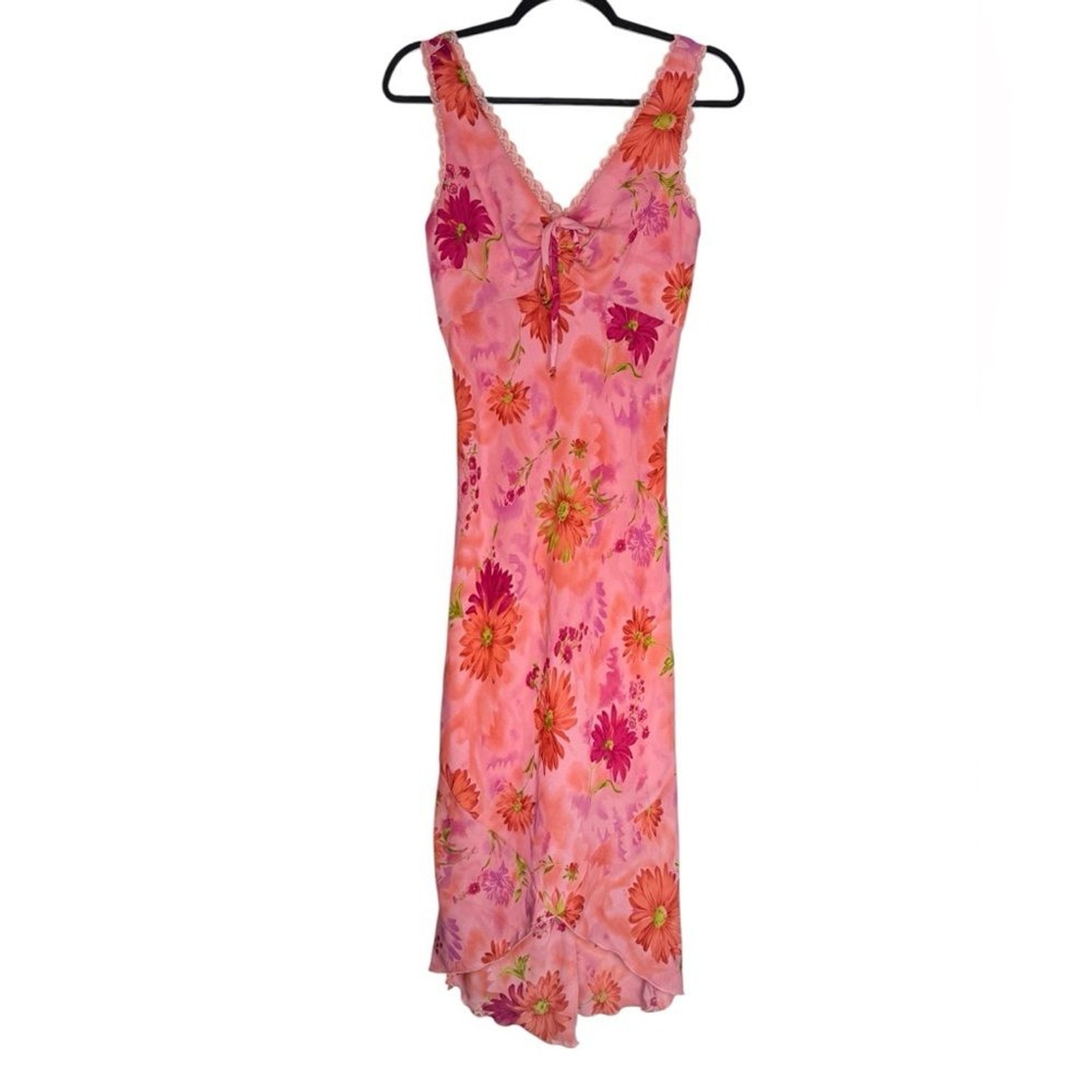 My Michelle Dress Sz 9/10 Floral Pink Orange Daisy Print Lace Trim Y2K Made USA