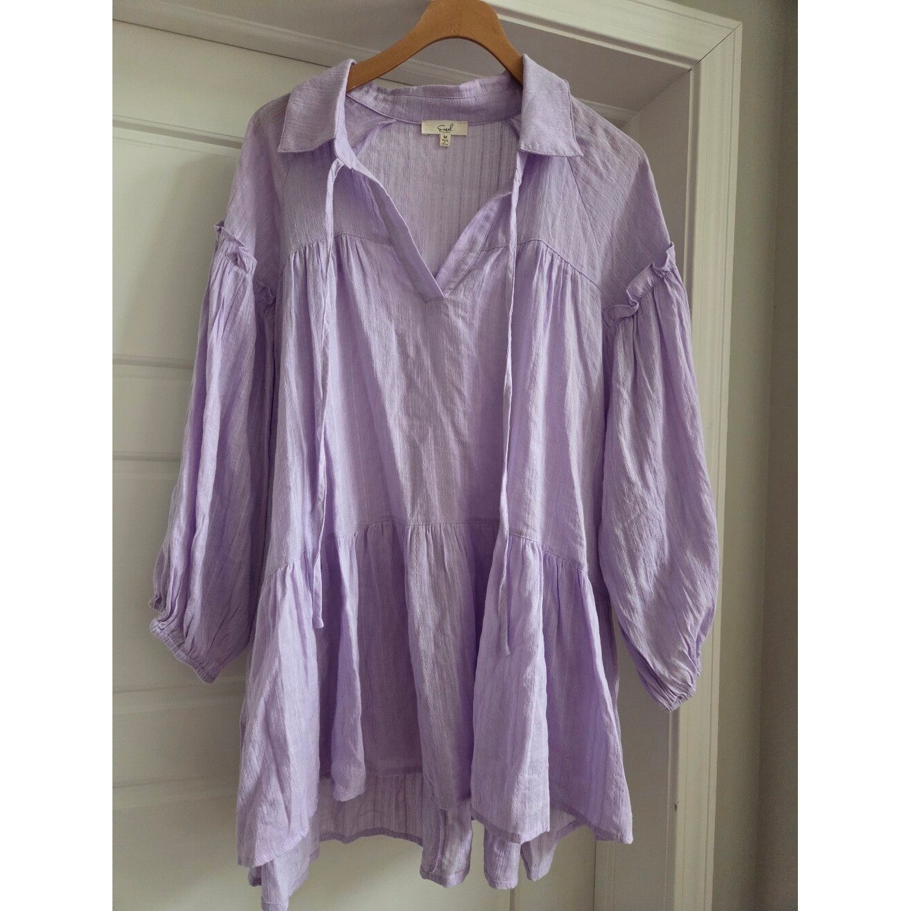 Easel Lavender Gauze Peasant Bohemian Mini Dress / Tunic Top with Tie Neck