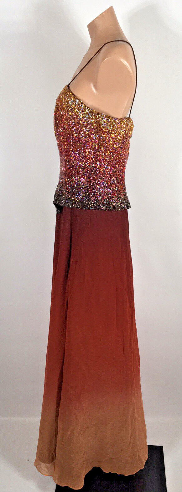 Vintage Red Pink Gold Ombre Silk Beaded Formal Evening Dress Sz 12 Chiffon Cami