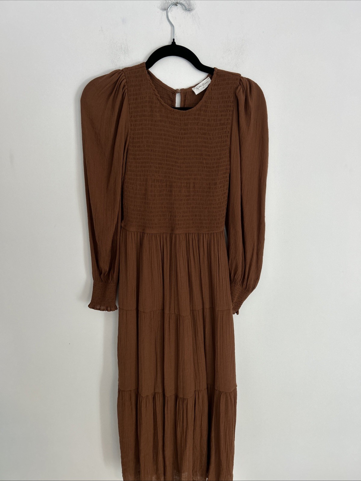 By The River Women’s S Bohemian Puff Sleeves Brown Lagenlook Smocked Maxi Dress