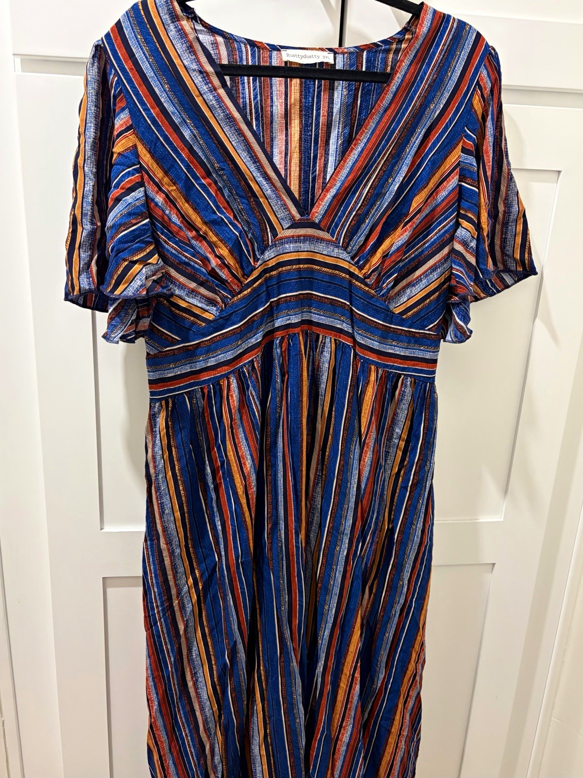 Rusttydustty 2XL Blue Orange Striped V-Neck Flutter dress